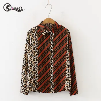 

Vintage Blouse Leopard Stitching Print Lapel Shirt Loose Single-breasted Long Sleeve Women Blouse
