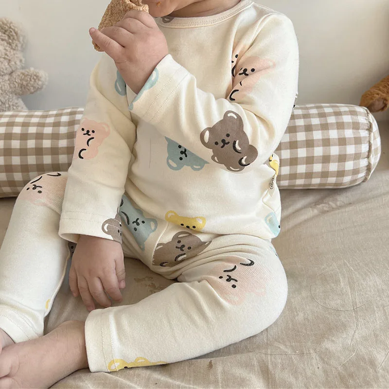 Description Picture 4 of itemMILANCEL Spring Baby Pajama Set Colorful Bear Boys Bodysuit Hat Infant Blouse and Pants Set