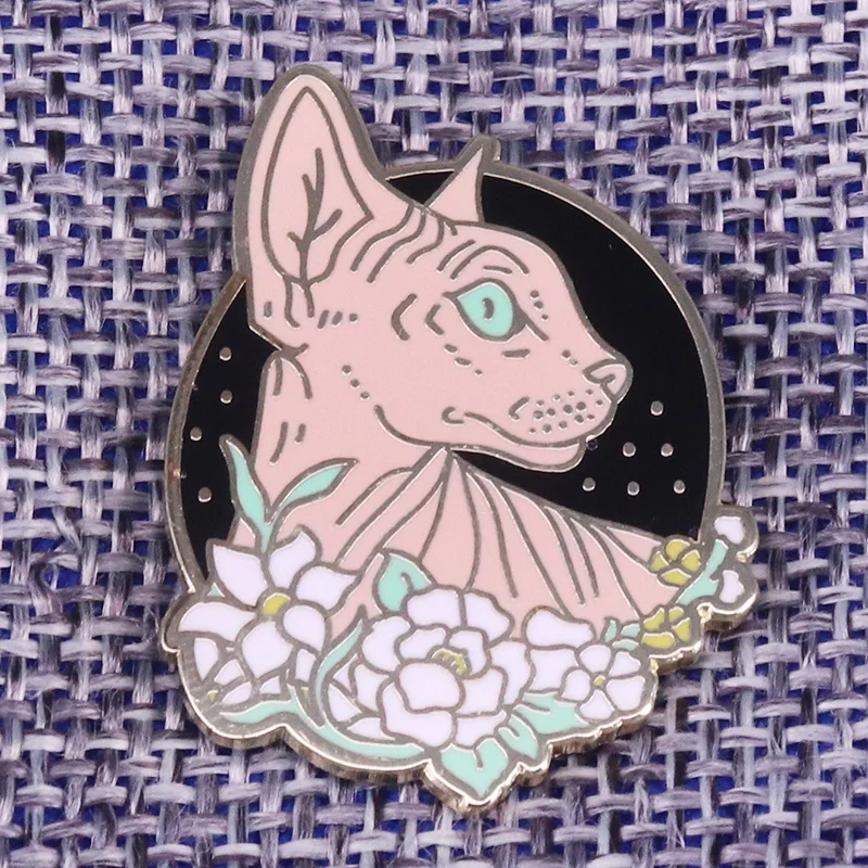 Beautiful Sphynx Surrounded By Flowers Enamel Pin Floral Hairless Cat Badge Original Illustration Inspired Art Accessory | Украшения и