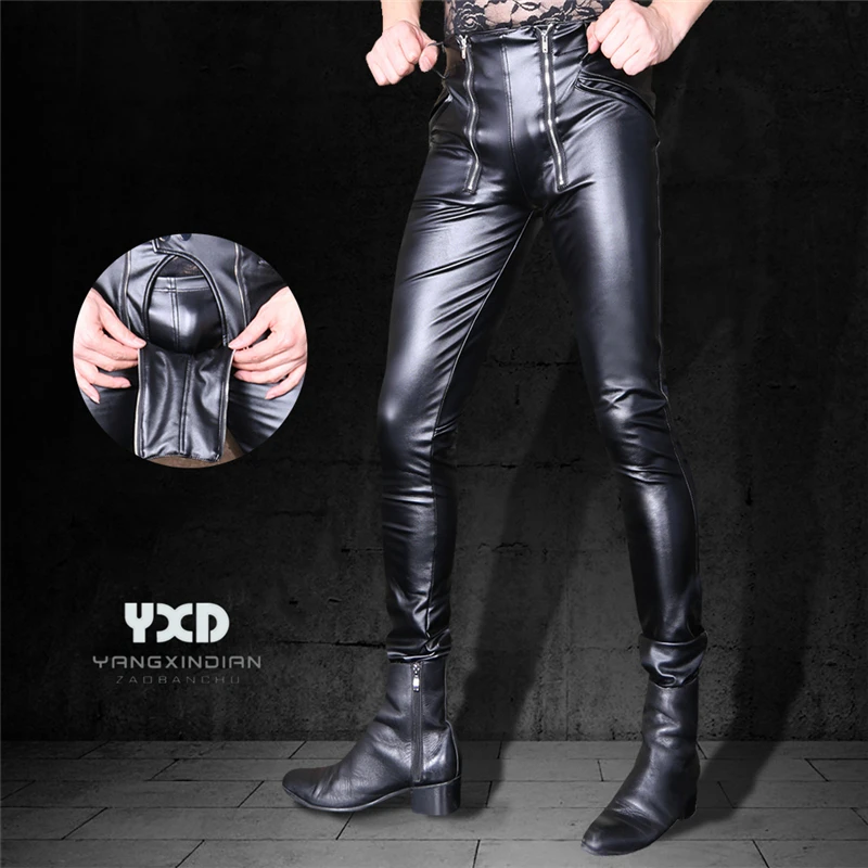 Fashion Men Double Zipper Pants Black PU Leather Leggings Wetlook