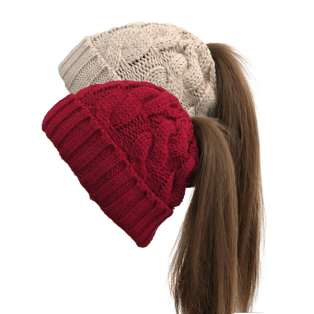 Womens Ponytail Winter Beanie Hat Warm Knit Messy Bun Ponytail Skull Cap Faux Fur Pom Pom Beanie