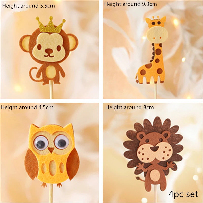 2pc Felt Animals Monkey Lion Giraffe Owl Cake Topper for Birthday Party Decorations Baking Supplies Baby Shower Kid Love Gifts - Цвет: 4pc felt set A