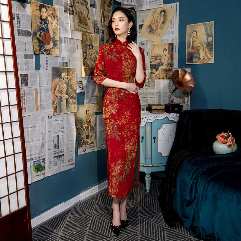 Новое поступление длинное вискозное винтажное женское платье в китайском стиле классическое платье Ципао для выступлений на сцене элегантное женское платье ручной работы с пуговицами - Цвет: 5553 A