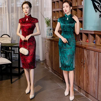 

Novelty Chinese Style Qipao Elegant Green Rayon Women Formal Dress Sexy High Split Print Flower Cheongsam Plus Size 3XL 4XL