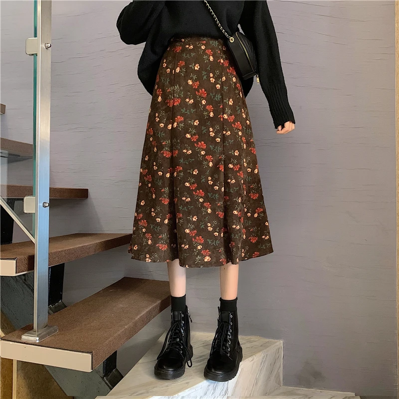

Korean Style Black Print Midi Skirt High Waist Floral Skirts Womens Autumn 2020 A Line Ladies Skirts For Women