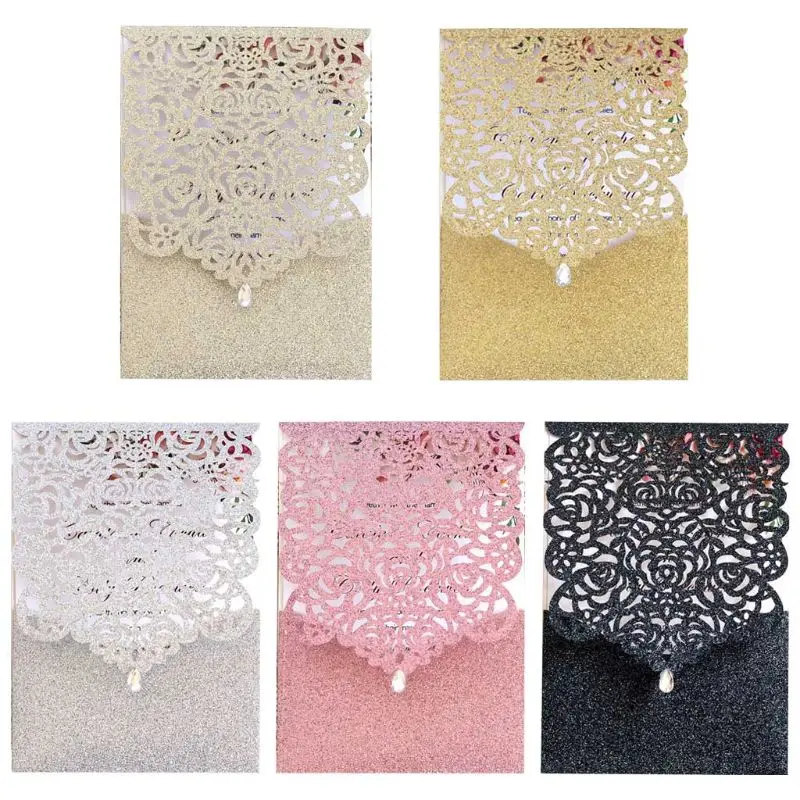  10pcs Laser Cut Glitte Rose Invitations Card with Rhinestone Kits Wedding Party - 4000299533302