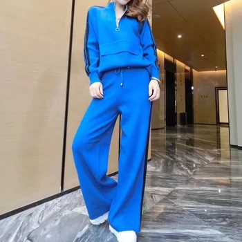

2020 spring new knitted casual sports suit female foreign style fashionable sweater wide leg pants two-piece tide