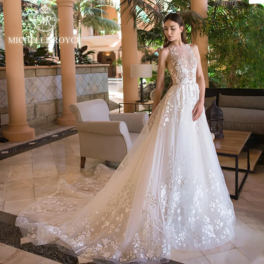 

Michelle Royce A-Line Wedding Dresses For Women 2022 Appliques Iiiusion Button Scoop Chapel Train Wedding Gown Vestidos De Novia
