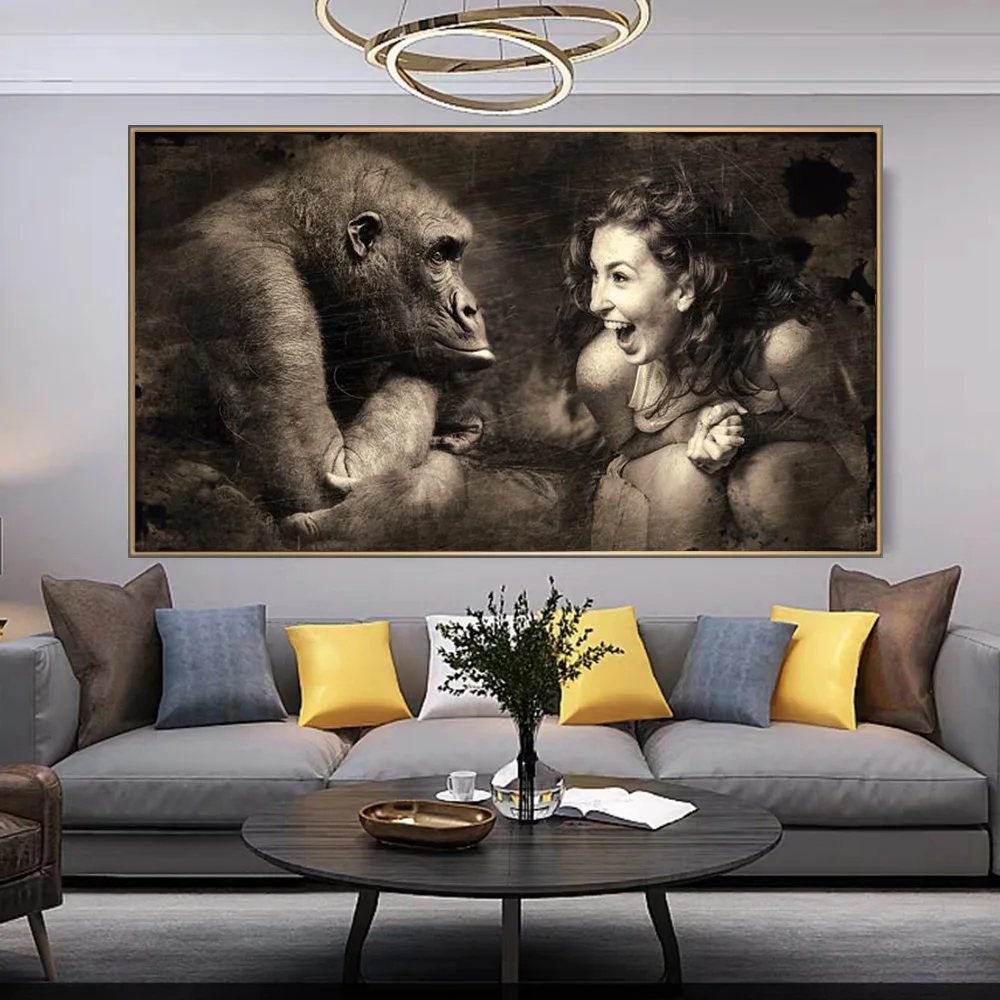 

Gorilla And Woman Laughter Picture Retro Colour Art Print And Poster Wall Painting On Canvas Decorative Cuadros For Room