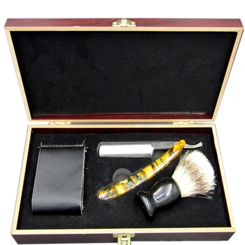 

Professional Man Face Beard Cleaning Kit Men's Shaving Wooden Box Kit Shave Set Straight Razors Brush Sharpening Strop