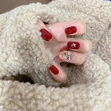 Маникюрный пластырь, отделанный алмазной сеткой, Красный Зимний Рождественский год, феи, красный, японский стиль, поддельные ногти, одежда для ногтей, кончик для женщин