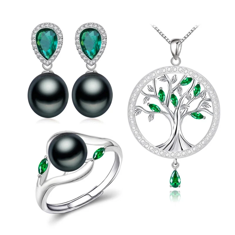FENASY 925 Sterling Silver Emerald Jewelry Sets Natural Pearl Drop Earrings Bohemian Pendant Necklace Women Green Stones Ring - Цвет камня: B black pearls