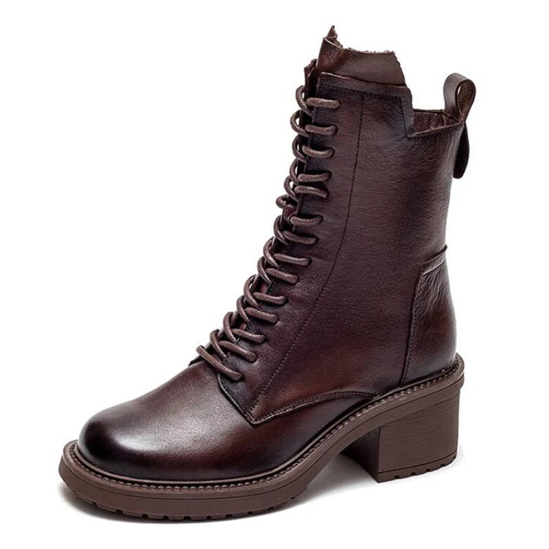Women Ankle Boots Cow Leather Autumn Winter Square Med Heel Lace Up Zipper Pumps Size 35-40