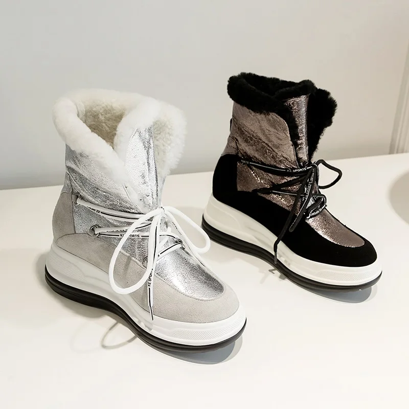 Классические модные зимние ботильоны для женщин из высококачественной кожи с густым мехом; повседневная обувь; теплая плюшевая обувь на плоской платформе с круглым носком