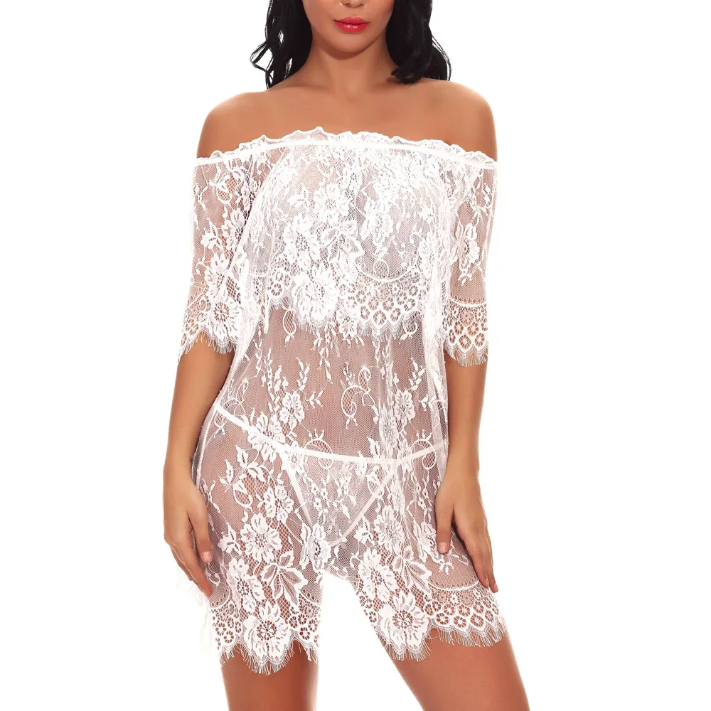 Кружевное прозрачное Сетчатое нижнее белье с открытыми плечами ночная рубашка с тонгами для женщин Горячая сексуальная пижама ночная рубашка спагетти ночная рубашка* X