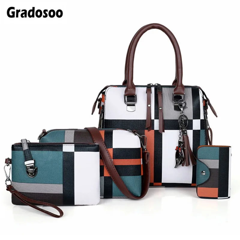 cheap Gradosoo Plaid Pattern Handbags 4 Sets Women Leather Purse and Handbag Bag Female Tassel Shoulder Bag Women Crossbody Bag LBF651