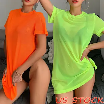 

Fluorescent Orange Mini Dress Women Perspective See-through Mesh Sheer Short Sleeve Sexy Party Bar Clubwear Short Dress