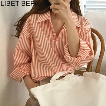 

New 2020 Summer Autumn Women's Blouses Casual Fashionable Striped Buttons Vintage Oversize Wild Office Lady Shirts Tops BL1383A