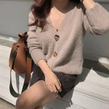 

Woman Casual Solid Mohair Sweater Winter V-Neck Soft Knitted Sweater Long Sleeve Loose Oversized Knitwear Sweaters