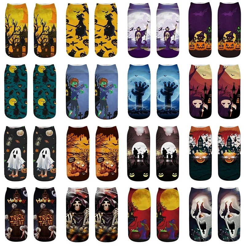 3D Halloween Pumpkin Witch Zombie Ghost Tomb Print Medium Sports Socks High Quality Unisex Casual Print Socks