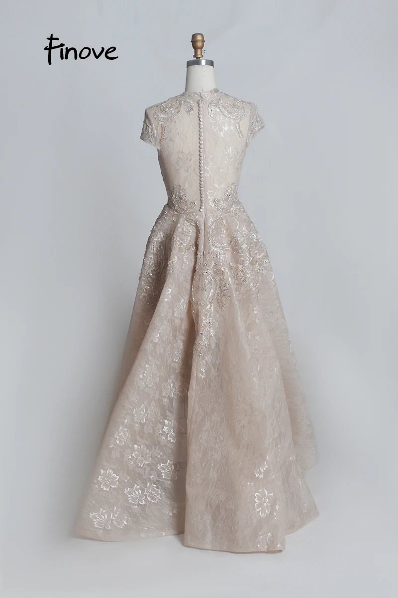 Finove Шампанское Кружева Выпускные платья robe de soiree Высокая шея короткий рукав Роскошные Бисероплетение Аппликации Формальное вечернее платье платья