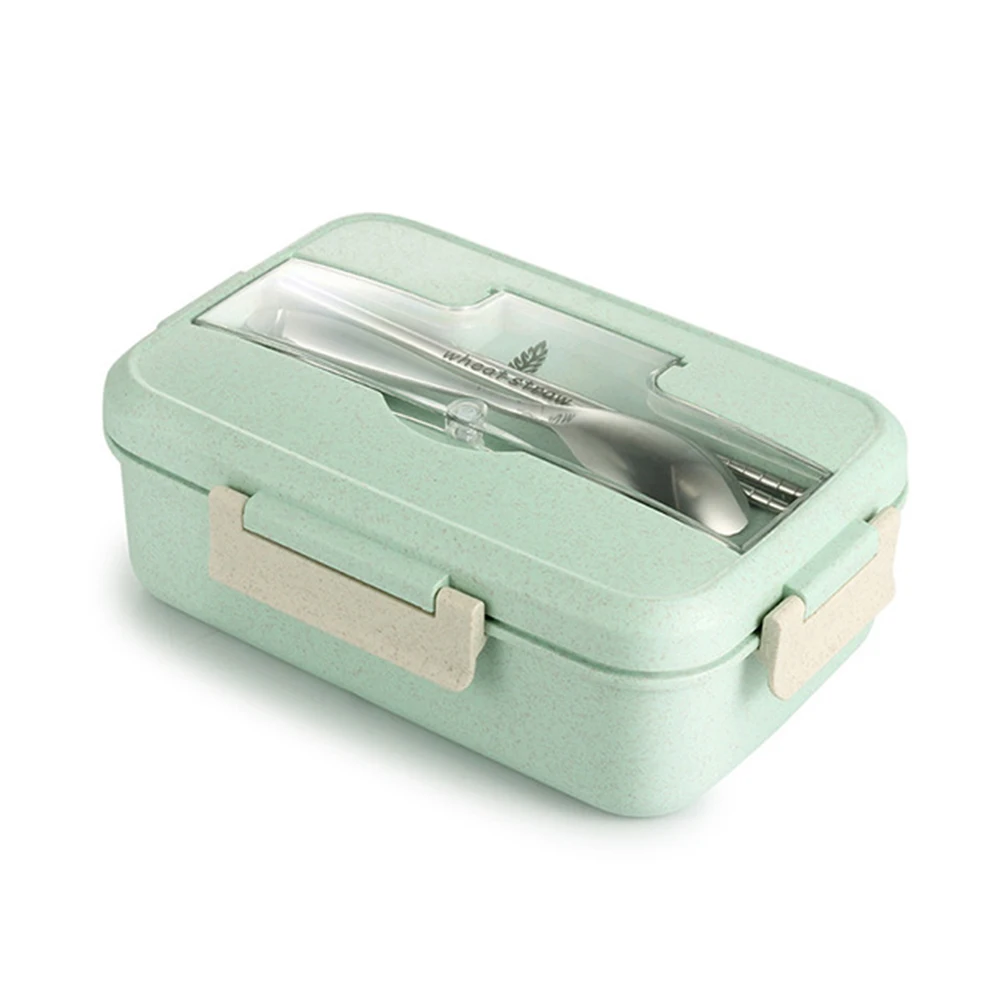 Ланч-бокс контейнер для еды Bento Box с подогревом ланчбокс для детей ланчбокс для закусок соломинка Пшеница корейский герметичный студенческий пластиковый ящик для еды - Цвет: Зеленый
