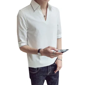 

Mens Business Casual Half sleeve Shirt 2019 Classic Male Korean Version Shirts Hot The New Fashion Man V-neck Shirt Slim Tops