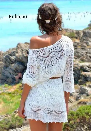 

Women Lace Hollow Crochet Swimwear Bikini Cover Up Beach Dress Sarongs Kaftan O-Neck White High Waist Mini Dress