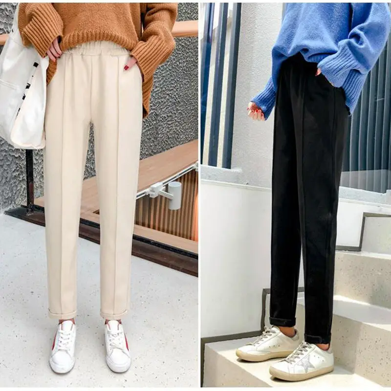 Женские шерстяные брюки, бархатные осенне-зимние повседневные брюки, женские свободные брюки-карандаш, шаровары, черные Капри с высокой талией, 2021