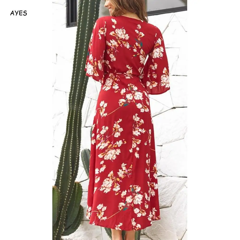Boho Летнее Длинное Пляжное Платье женское платье с v-образным вырезом и шнуровкой богемное платье цветочный свободный рукав с принтом женские вечерние Макси платья