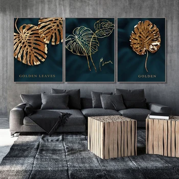 

Laeacco 3 Panel Canvas Calligraphy Painting Nordic Golden Leaves Posters and Prints Retro Wall Artwork for Living Room Pictures