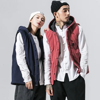 

Male Women Streetwear Hip Hop Waistcoat Coat Outerwear Men China Style Thick Cotton Padded Casual Sleeveless Hooded Vest Jacket