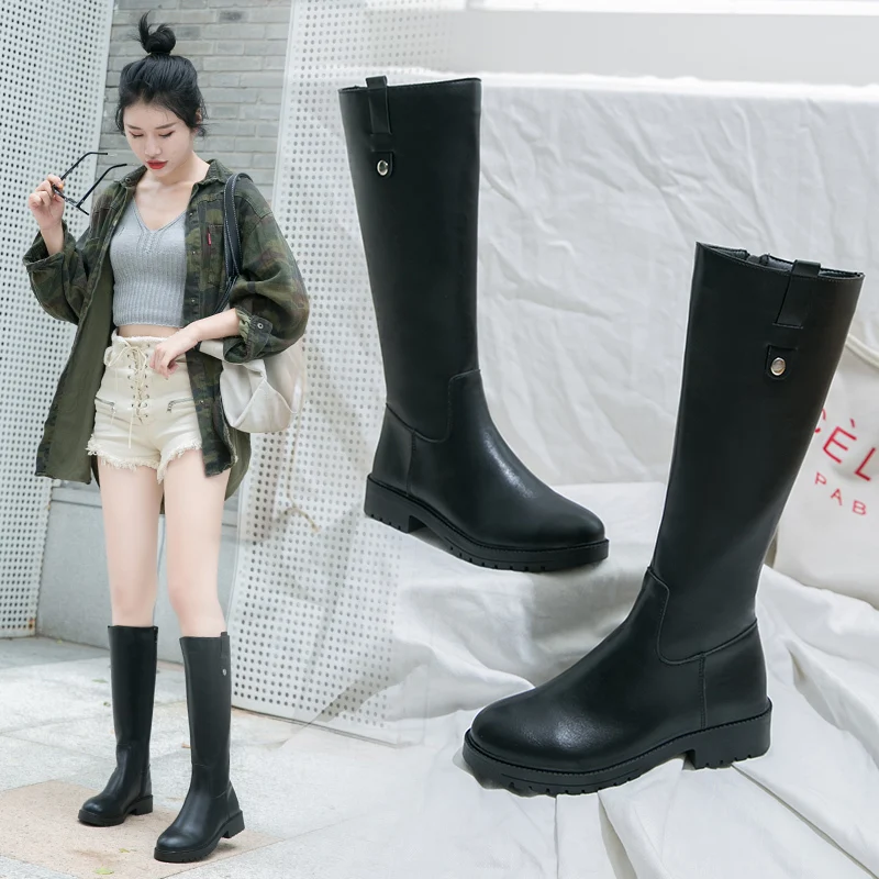 

2019 new boots women fashion botas mujer invierno Solid color zipper round toe Short plush square heels 3cm PU leather