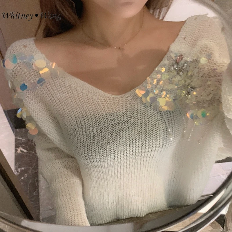 WHITNEY WANG Осенняя мода Уличная Сексуальная Открытая спина твист свитер с пайетками женский джемпер sueter mujer invierno