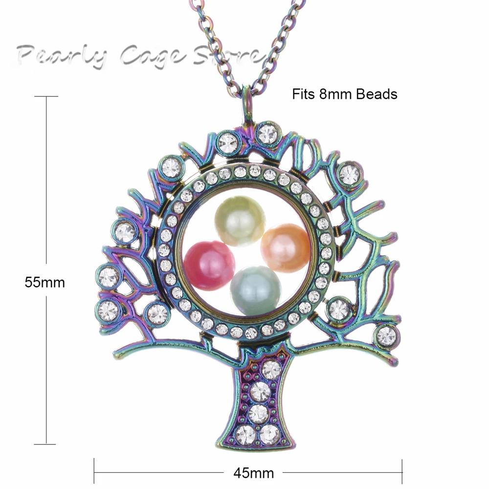 Многоцветное Дерево жизни жемчужная клетка магнитное закрытие стеклянный плавающий открытый медальон кулон Стразы ожерелье с 70 см SS цепи