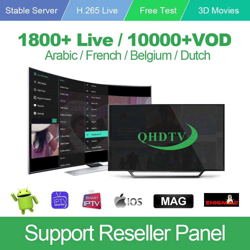 

50PCS QHDTV France IPTV Subscription 1 Year Code IPTV France Arabic Algeria Morocco Qatar Belgium Netherlands IP TV for Reseller