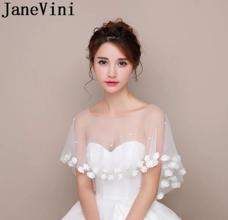 JaneVini Элегантное Белое Свадебное женское платье Болеро Mariage Lebanon Свадебный жакет шаль 3D Цветы прозрачные тюлевые накидки для невесты накидки