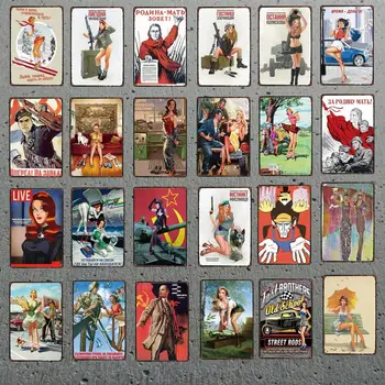 

Vintage Russian Cartoon Plaque Iron Painting Pin Up Sexy Girl Tin Sign Pub Cafe Shop Home Wall Decor Stickers Metal Plate Poster