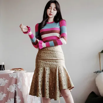 

Knitted Two Piece Sets Flare Sleeve Colorfull Striped Sweater Top Bodycon Irregular Lace Skirt Women's Sexy Fishtail Dress