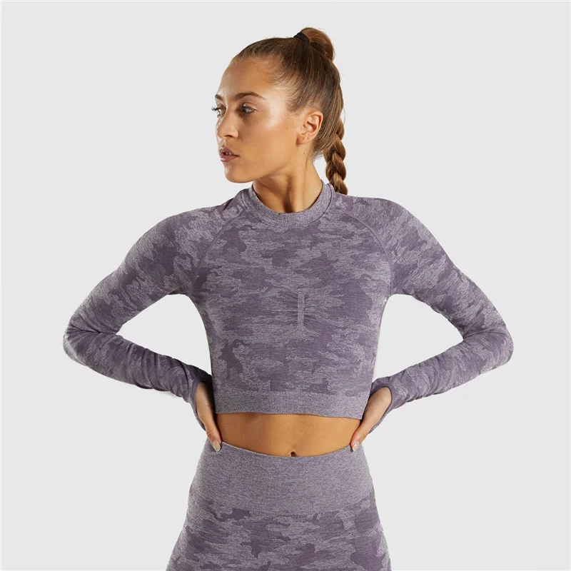 lavender grey Oyoo Sage green camo укороченный топ с длинными рукавами Камуфляжный укороченный топ для йоги с отверстием для большого пальца бесшовные спортивные майки для женщин - Цвет: lavender grey