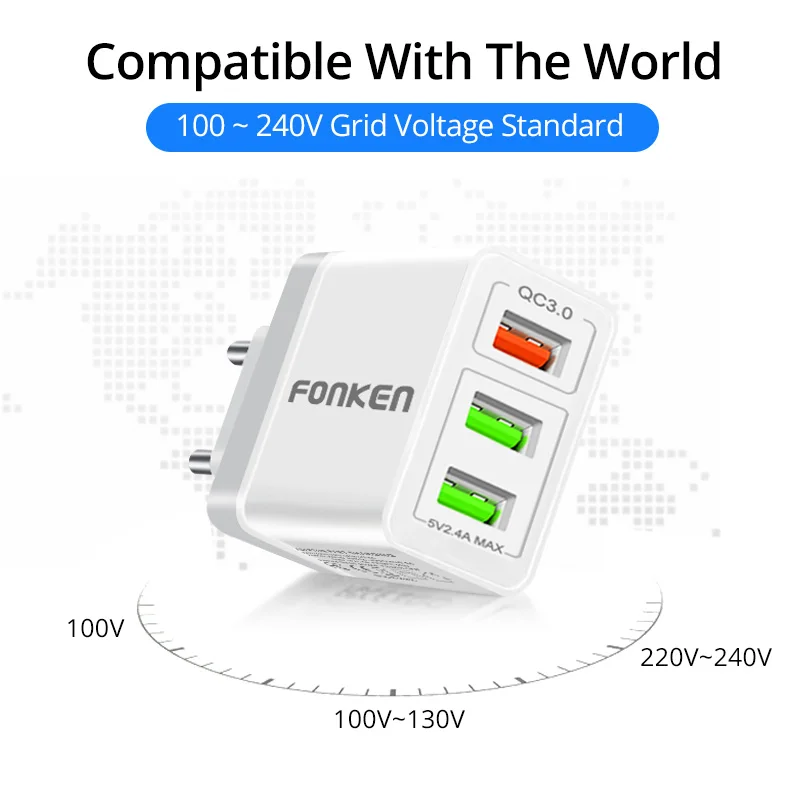 FONKEN 3 порта USB зарядное устройство Quick Charge3.0 быстрое зарядное устройство QC3.0 QC2.0 Мульти Usb настенный адаптер Зарядка для Android смартфон планшет