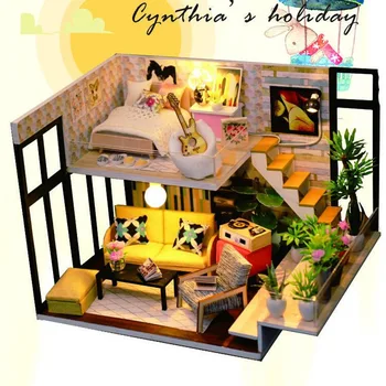 

3D Wooden Dollhouse Mini House Mini 3D Wooden Doll House Furniture DIY Model Miniature LED Assemble Toys
