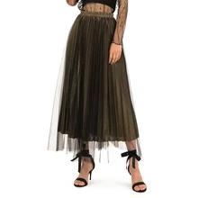 Новая прозрачная сетчатая юбка для женщин-s весна-осень, сексуальные многослойные юбки с подкладкой, женские золотистые блестящие плиссированные Faldas, большие размеры XXL