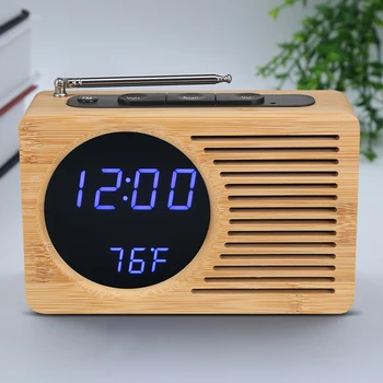 

LED Bamboo Digital FM Radio Alarm Clock 12h/24h Adjustable Light Desk Watch Timer USB Cable Alarm Clock For Home Office Use