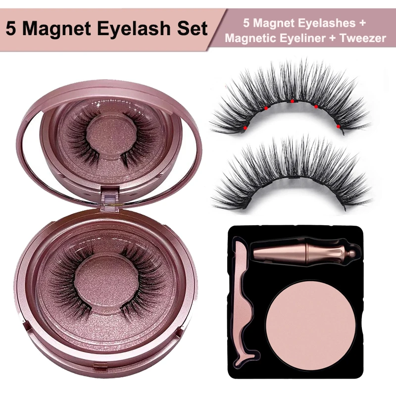 

NEW 5 Magnet Reusable Eyelashes No Glue 3-pieces Set Natural Fake Lash+Magnetic Eyeliner&Tweezer Custom Private Label Wholesale