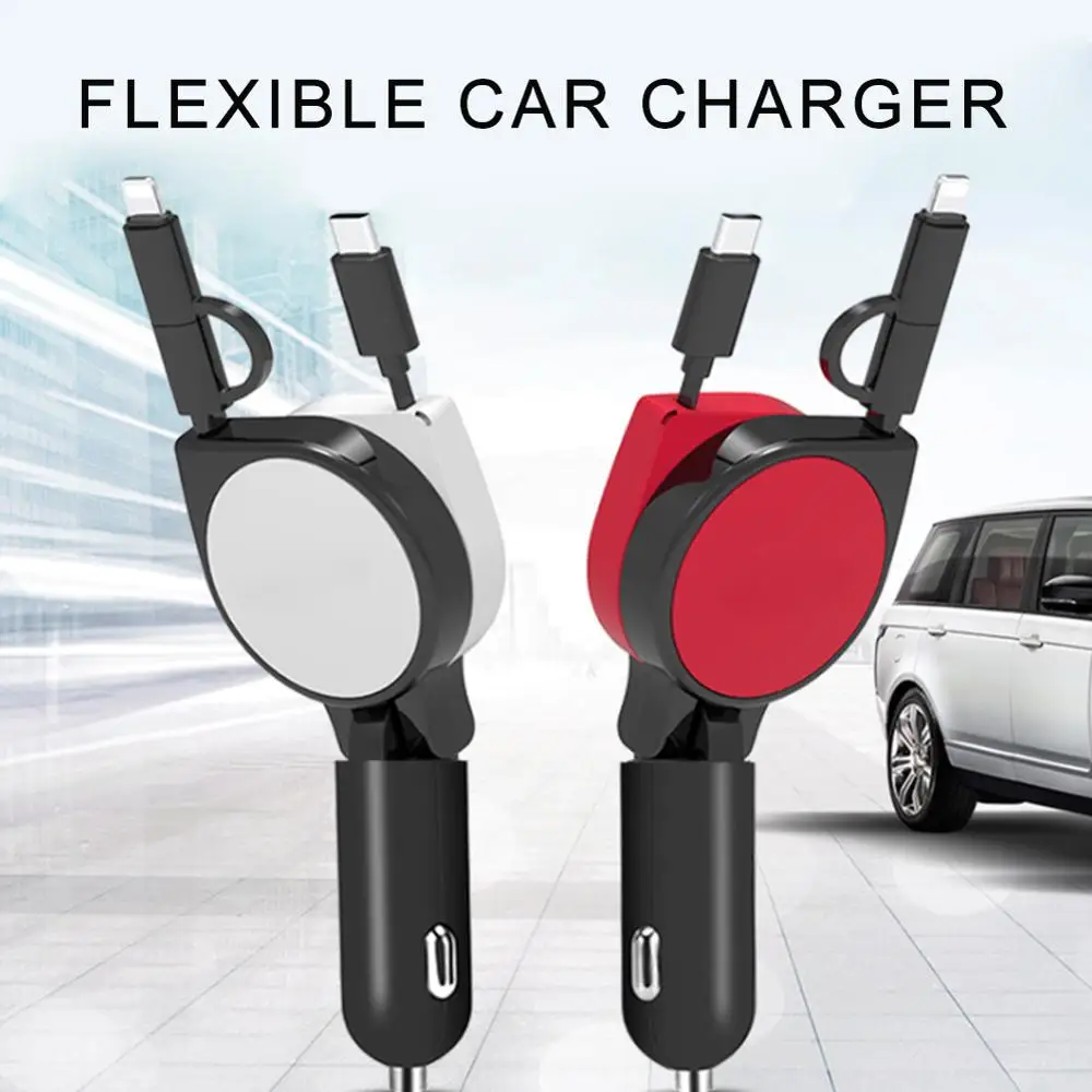 

3.1A Car Charger With Dual Retractable Cable Multifunctional 3 in 1 Adapter Compatible Quick Charge For Android Type-C iPhone