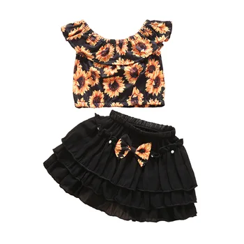 

New Cute Infant Baby Girls Clothes Sets Sunflowers Print Ruffles T-Shirts Tops Lace Tutu Layered Skirts 2Pcs Outfits 0-24M