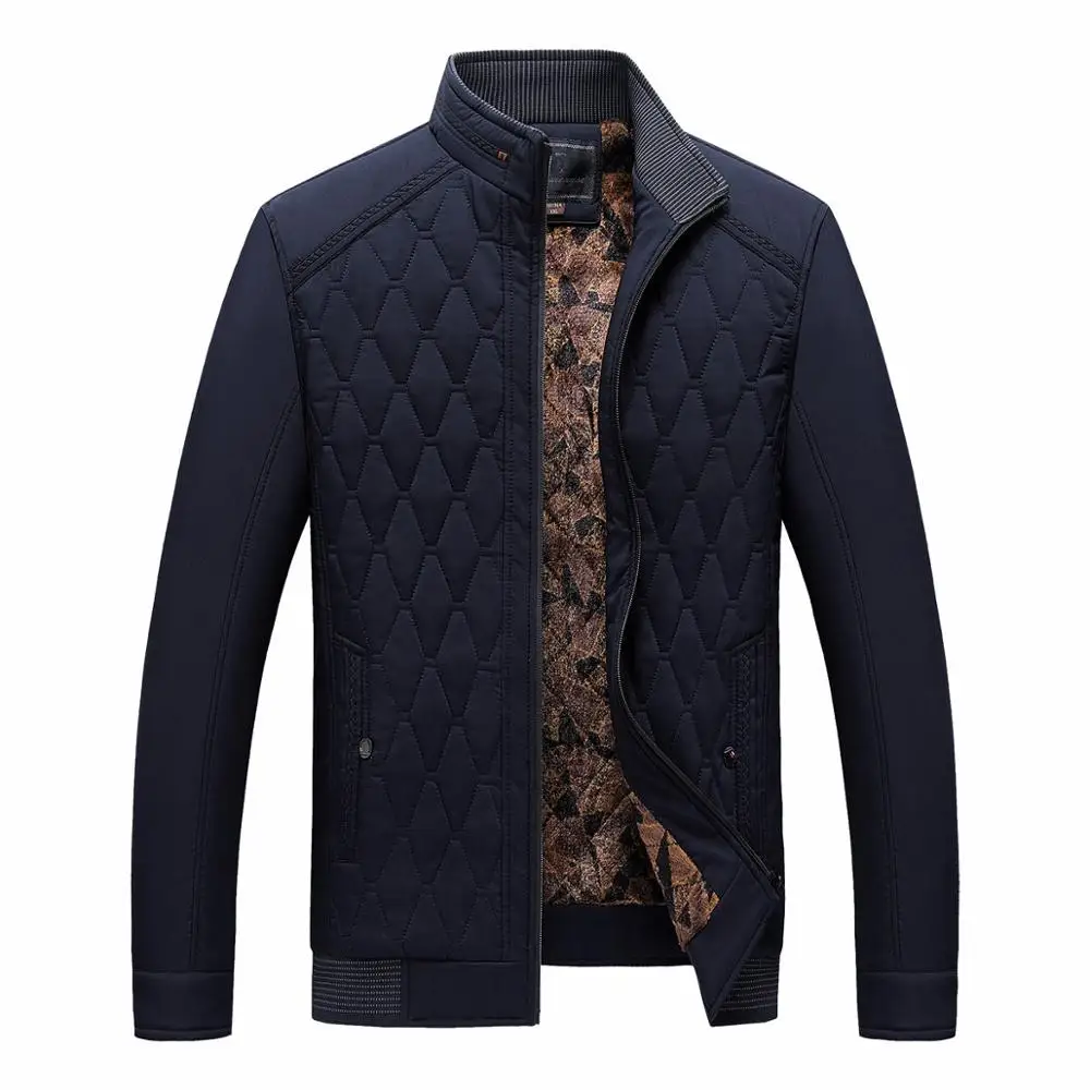 Navy blue Мужская повседневная однотонная куртка, зимняя мужская Модная приталенная куртка из хлопка в стиле пэчворк, Толстая Теплая мужская куртка на молнии, горячая распродажа - Цвет: Navy blue