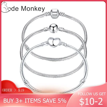 

17-21cm Silver Color Love Snake Chain Bracelet Fit Original Design Beads Charm DIY Bead Bangles Jewelry Making Fashion Gift