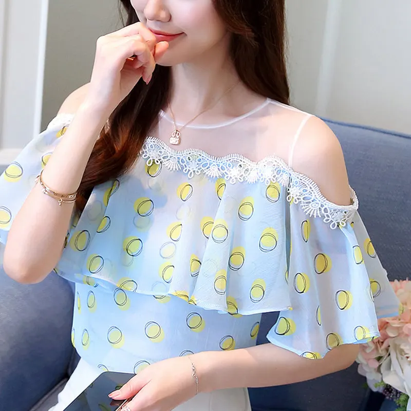 Женские рубашки в горошек летняя блузка с оборками и открытыми плечами